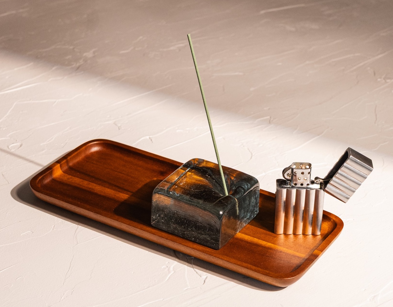 hard edge lighter on acacia wood tray with recycled glass incense holder