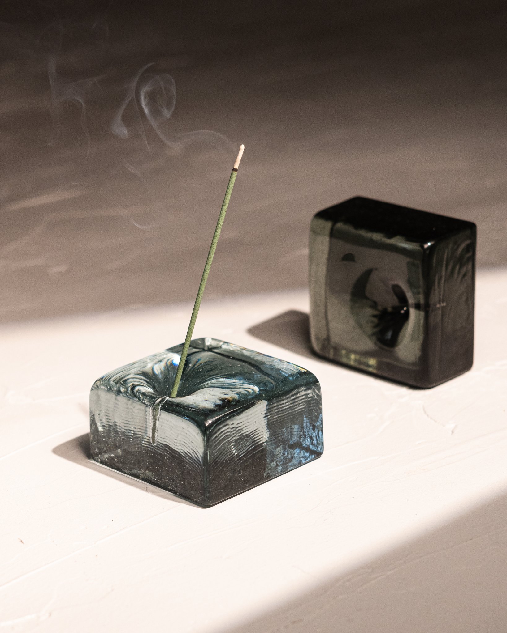 IYE square recycled glass incense holder in black and blue grey